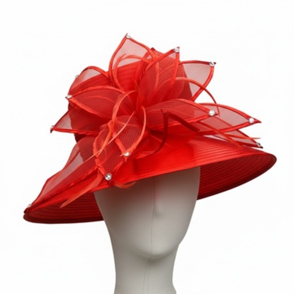 Ben Marc Hat Womens Kentucky Derby Church Red Satin Rhinestone Wide Brim